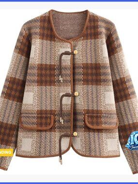 Vintage Button Down Cardigan Sweater Plaid Print Long Sleeve Knit Coat with